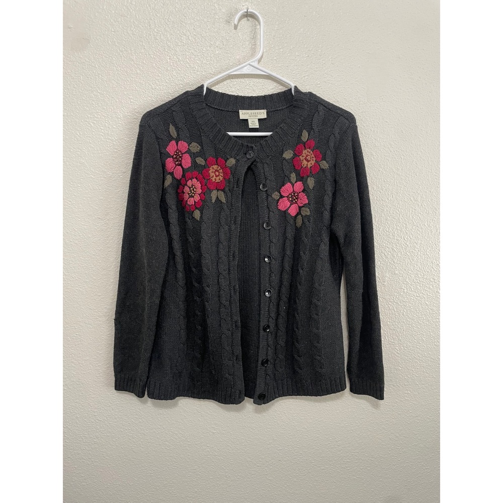 Appleseed's Cardigan Women PS Gray Floral Embroidered Cable Knit Cotton Sweater